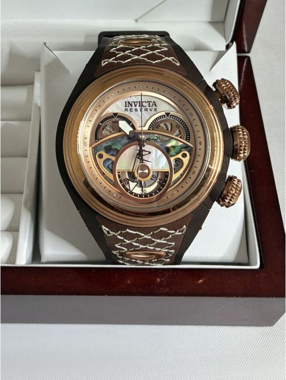 Invicta Reserve S1 Collection Men's Abalone Shell Mother of Pearl Brown Leather
